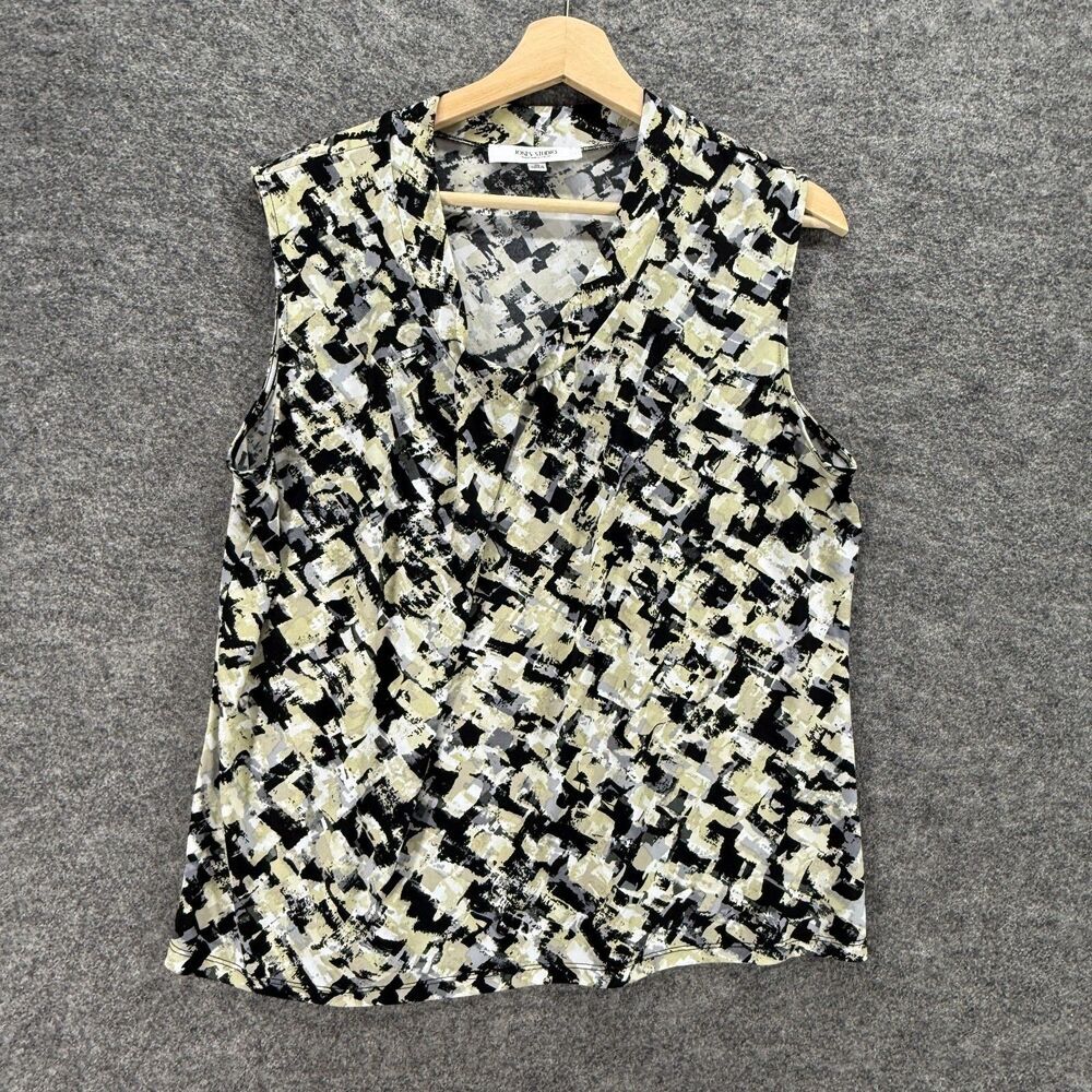Jones Studio Blouse Women XL Black Geometric V-Neck Sleeveless Wide Strap Casual